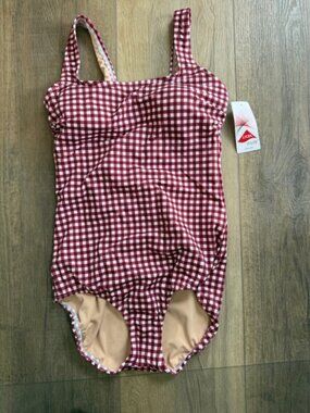 NEW Lands' End Burgundy Checkered Bathing Suit Swimsuit Sz. 10